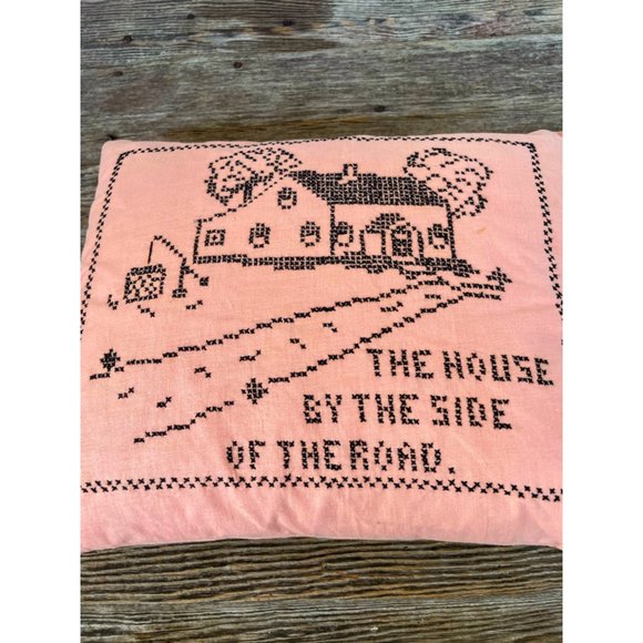 Vintage 1930s Feather Pillow Cross Stitched "the House by the Side Of the Road" - Picture 6 of 14